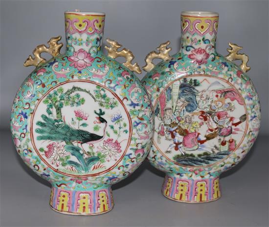 A pair of 19th century Chinese moon flask vases, H.24cm, restorations